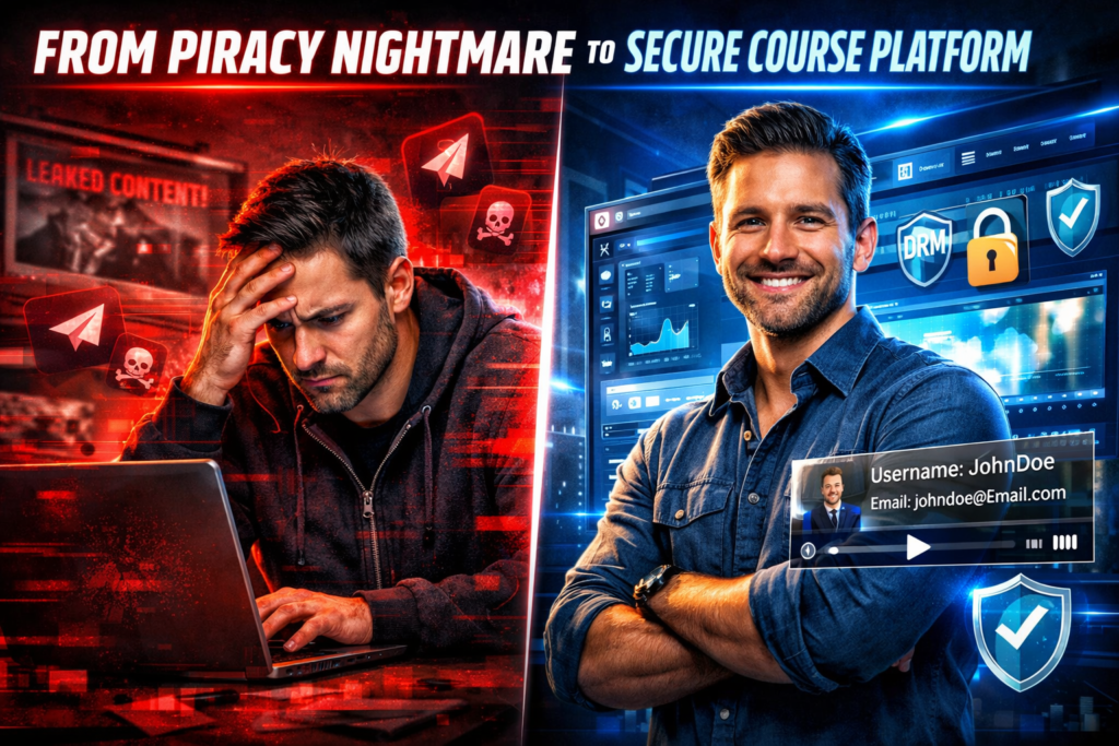 Online course creator switching from SaaS LMS to custom secure LMS with dynamic video watermarking and DRM protection to prevent Telegram piracy