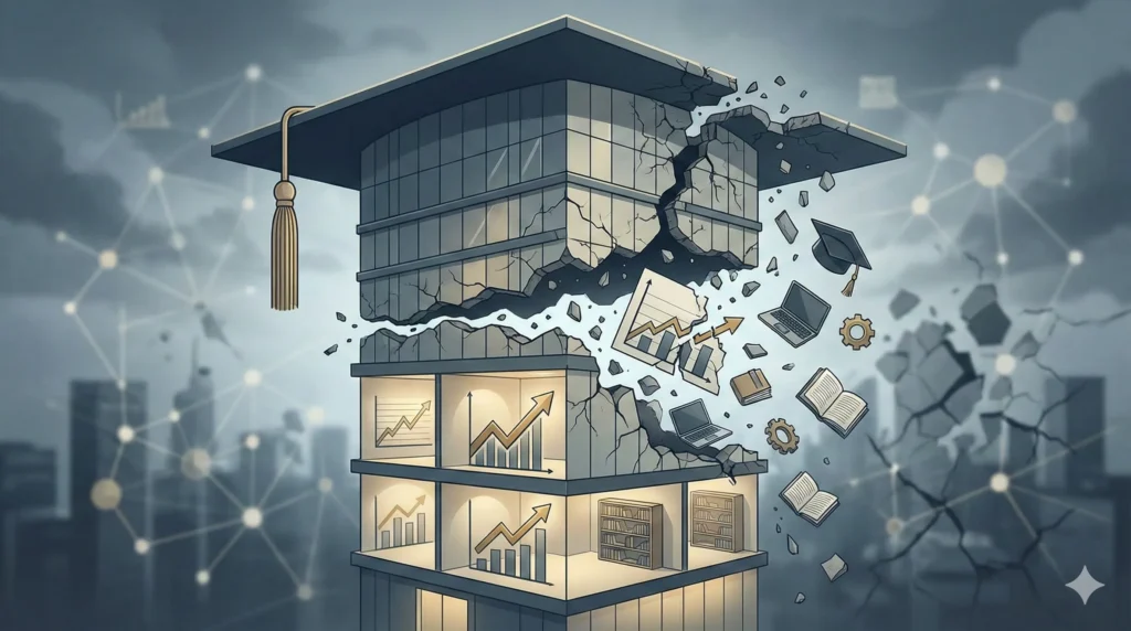 An illustration showing an education business collapsing after early success, with revenue growth charts breaking and structural cracks forming as the company scales.