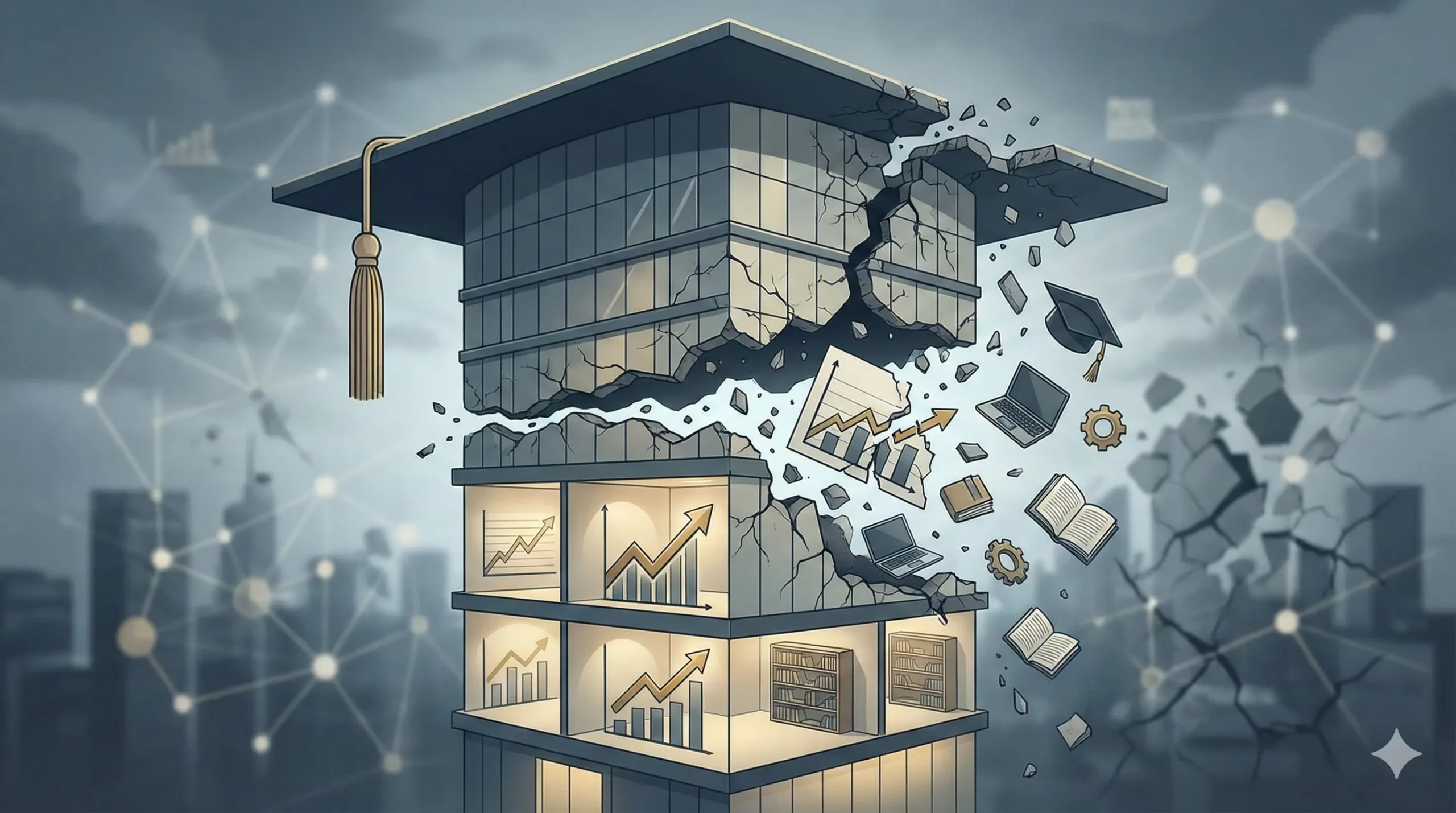 An illustration showing an education business collapsing after early success, with revenue growth charts breaking and structural cracks forming as the company scales.